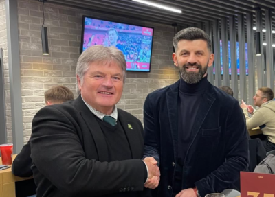 Miron with Club President Tony Wrathall at Brentford, photo courtesy of Greens on Screen